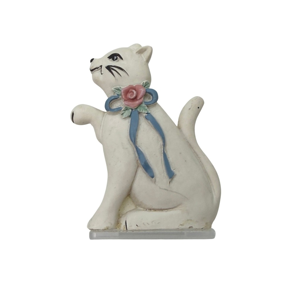 Vintage‎ White Cat Fridge Magnet with Pink Rose and Blue Bow Resin 3D Decor